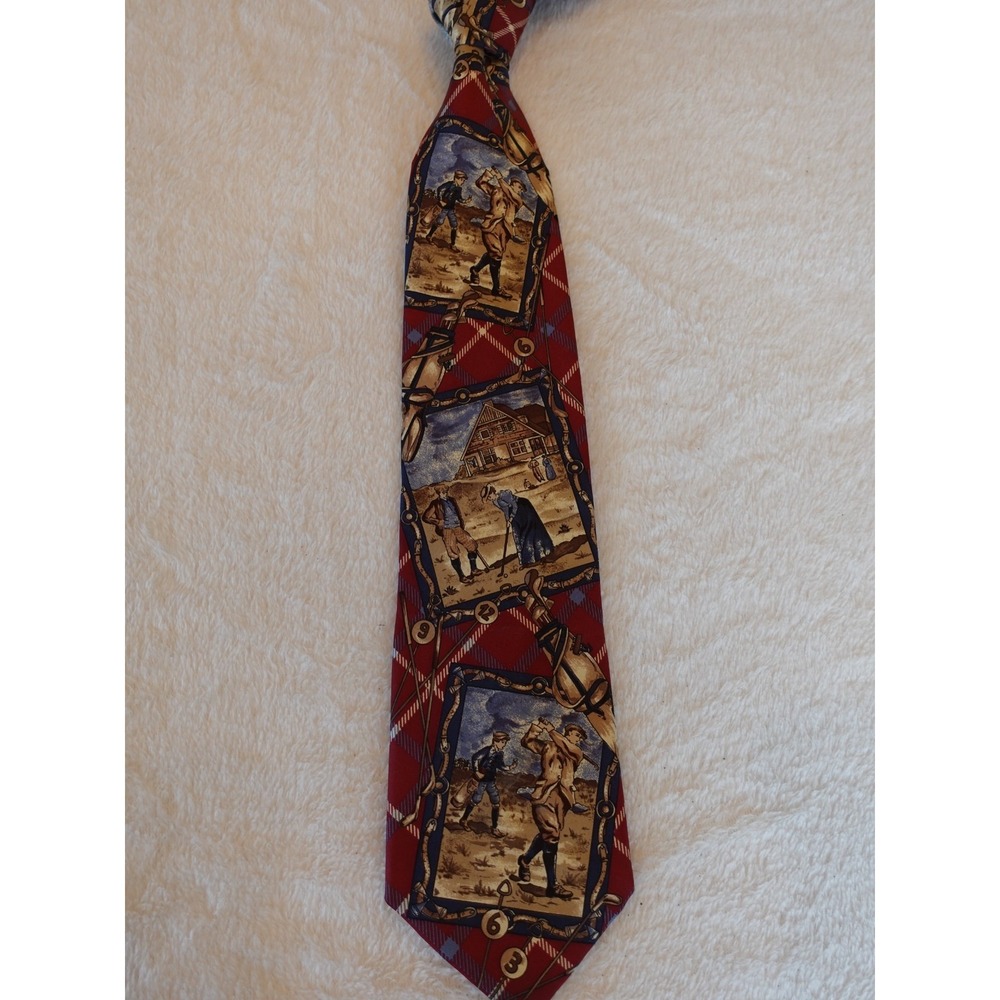 WOODWARD Men's Tie Silk Golf Sport Red Blue 90s Vintage Necktie Bagger Plaid